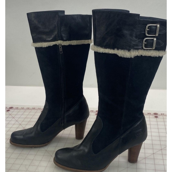 UGG Shoes - UGG Black Heeled Boots with Fur Trim